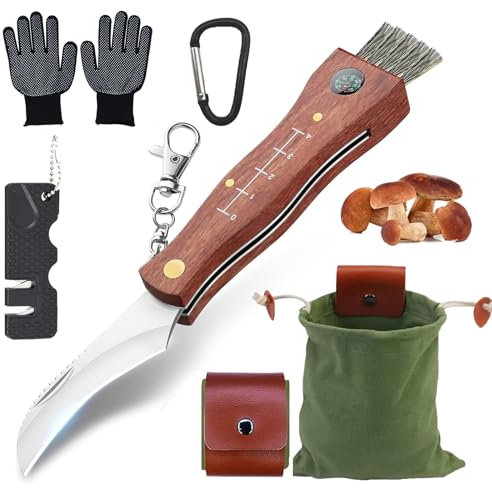 XHYASD Couteau à Champignons avec Brosse, Ensemble Portable pour Cueilleurs de Champignons, Couteau Pliant en Acier Inoxydable pour Extérieur avec Gants, Sac à Champignons, Étui, Pierre à Aiguiser