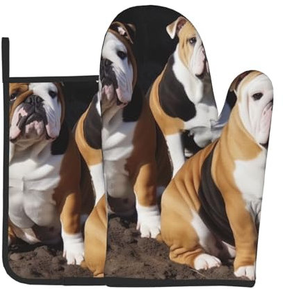 Englische Bulldoggen bedruckte Ofenhandschuhe & Topflappen Set mit 2 Stück, rutschfeste Grillhandschuhe und Topflappen für Küche, Kochen, Backen, Grillen