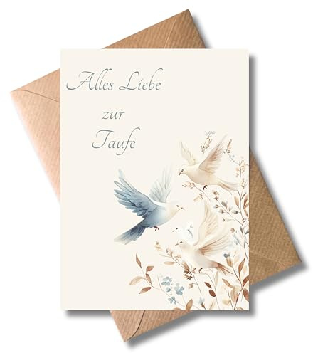 Taufkarte „Alles Liebe zur Taufe“ mit Umschlag - Taubenmotiv – elegante Klappkarte zur Taufe eines Mädchens oder Jungen – religiöse Glückwunschkarte - zart (DIN A6)