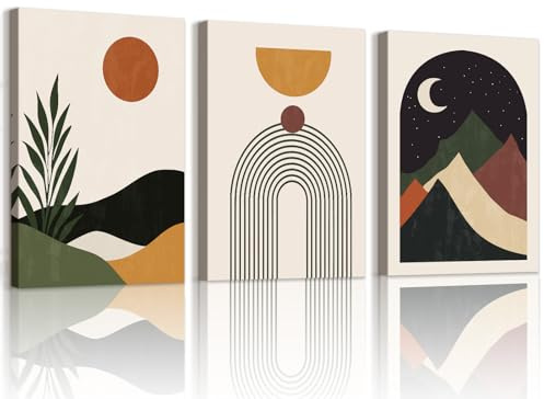 WENGTIAO 3 Piezas Boho Abstracto Geométrico Cuadros Enmarcados Coloridas Minimalista Montaña Sol y Luna Pintura sobre Lienzo Cuadros Decoracion Salon Modernos Dormitorios Decoracion Pared 30x40cmx3
