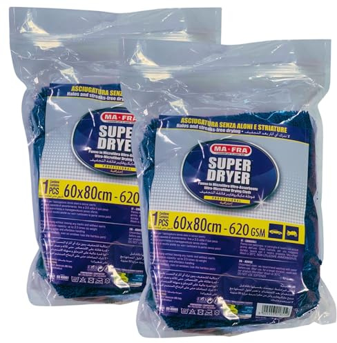 FEI FAN Panno In Microfibra Ultra-Assorbente SUPER DRYER Per Una Asciugatura Perfetta Di Tutte Le Superfici Esterne Dell'Auto, Non Lascia Aloni o Striature. Formato 60x80cm (2 Unità)