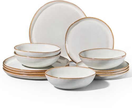 Homikit 12-Piece Dinner Set, Reactive Glaze Stoneware Dinnerware for 4 People, Irregular Shape Plates and Bowls, Non-Toxic & Scratch Resistant, Microwave and Dishwasher Safe - Cappuccino White