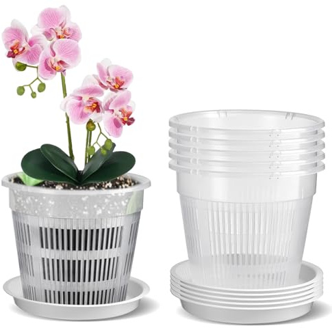 Zyiphor Lot de 5 Pot Transparent Orchidée, 14 cm Pot pour Orchidées Respirant, Transparent Plante avec Trous de Drainage et Soucoupes pour Culture d'Orchidées en Intérieur et Extérieur