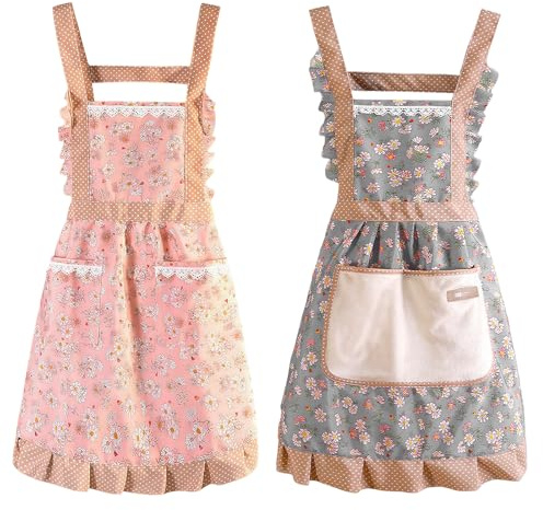 Ziyonix 2 Pezzi Grembiule da Cucina Chef, Regolabile Grembiuli con 2 Tasche Grembiule Cucina Donna Regolabile Grembiule Floreale per Cucinare Cottura Giardinaggio