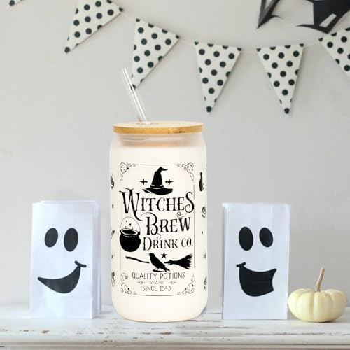 Halloween Glass Cup, 18oz Frosted Witch Iced Coffee Can Cup Tumbler with Lid and Straw, Witch Tumbler Beer Can Glass, Halloween Gifts Decorations