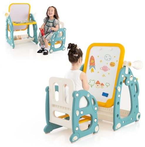 FANTASK 4 in 1 Kinder Staffelei mit Stuhl, Kindertafel höhenverstellbar mit Stauraum, multifunktionaler Standtafel mit 3-stufig verstellbarem Whiteboard, Teleskop & Ringwurfspiel für 1-8 Jahren Kind