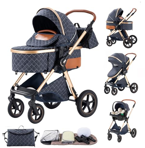 BEBBY 3 in 1 Pram, Pushchair with Seat, Pushchair 3 in 1 Travel Stroller with Adjustable-Height Push Handle,High Landscape Combined Baby Buggy Aluminium Frame (Blue-8, H2)