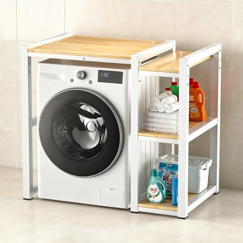 Lavatrice Scaffale,Supporto lavatrice Asciugatrice per Regolabilein Altezza,Scaffale per Incolonnamento Lavatrice e Asciugatrice,Tamburo Lavastoviglie Ripiano di Stoccaggio,per Lavanderia(White)