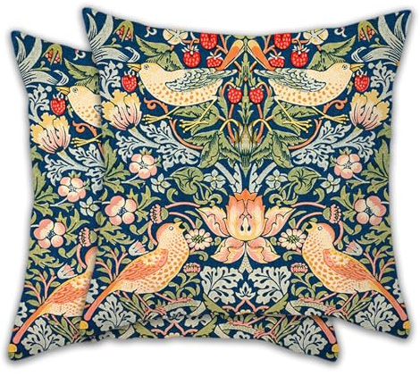 Homiladi 2 pcs Vintage Cushion Covers William Morris Strawberry Thief Pattern Throw Pillow Covers 45x45cm, Floral Pillow Cases for Sofa Couch Bed Living Room Home Garden Patio Decor Indoor Outdoor