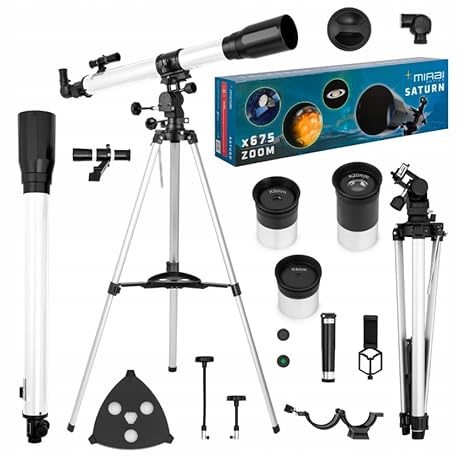 Mirai Optics Saturn Astronomisches Teleskop F90070 | Vergrößerung bis zu 675x | AZ-3-Montierung | Smartphone-Adapter | 3 Kellner-Okulare | Sonnen- & Mondfilter | Professioneller Refraktor