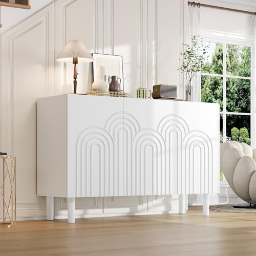 FammyLoft Sideboard Wohnzimmer mit 3 Türen, Buffetschrank mit Großem Stauraum und Verstellbarer Trennwandschrank, 120x38,5x79cm, Modern Wohnzimmerschrank für Schlafzimmer, Büros, Flur, Weiß