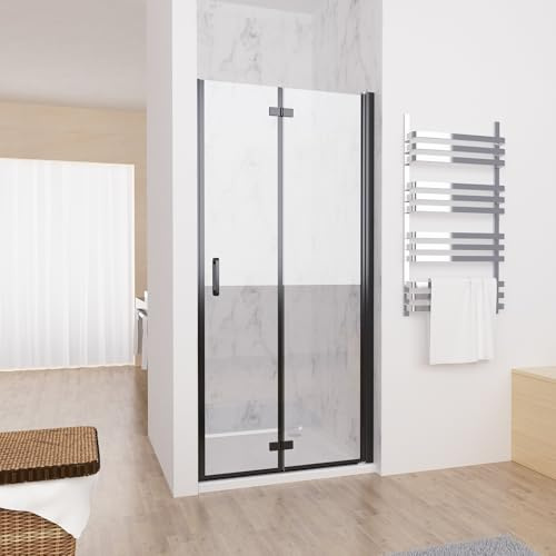 MIQU Nischentür 80 x 185 cm Duschabtrennung Faltbar Duschwand für Dusche Matt Schwarz Pendeltür Falttür Duschtür aus 5mm ESG Glas Rahmenlos duschtrennwand ohne Duschwanne