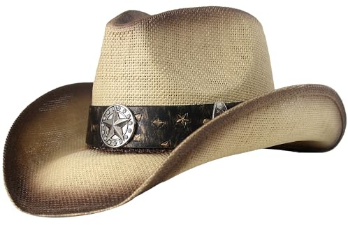 Wildarms Sombrero Cowboy de Paja para Hombre con Cinta Decorativa, Estilo Western Transpirable para Verano, Feria, Festival y Ocio al Aire Libre