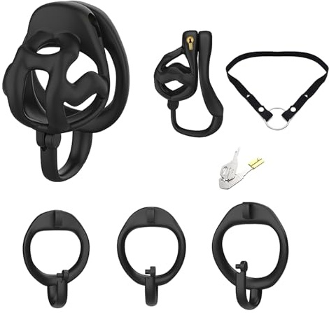 Gabbia di castità per uomini adulti - Design con gancio superiore, set di giocattoli sessuali con gabbia per il pene con 3 anelli fallici, dispositivo di castità maschile (Black,L+Belt)