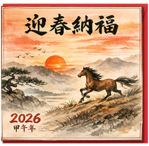 Chinese New Year 2026 Card - Watercolour Horse and Sunrise - Lunar New Year Greeting with Traditional Calligraphy - of the Horse Zodiac Design