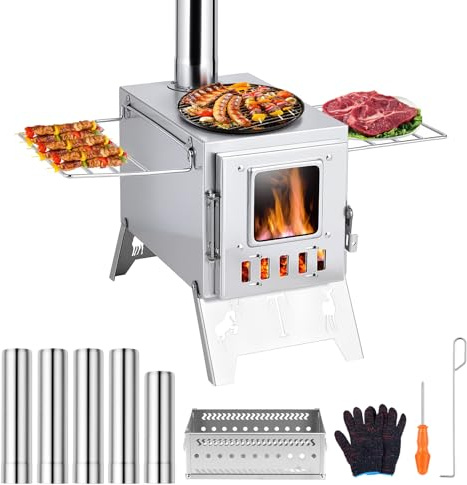 Poêle à bois portable 2 en 1 avec 5 tuyaux, poêle à bois pliable pour le camping, la chasse, la cuisine, la pêche sur glace, l'eau bouillante en acier inoxydable