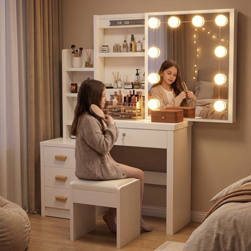 Oyajia Tavolo Da Toeletta Con Specchio E Illuminazione, Tavolo Da Trucco Con 4 Cassetti, 4 Ripiani Aperti Per Camera Da Letto, Set Da Toeletta Con Luci E Sgabelli, 3 Ripiani Nascosti 135 * 80 * 36