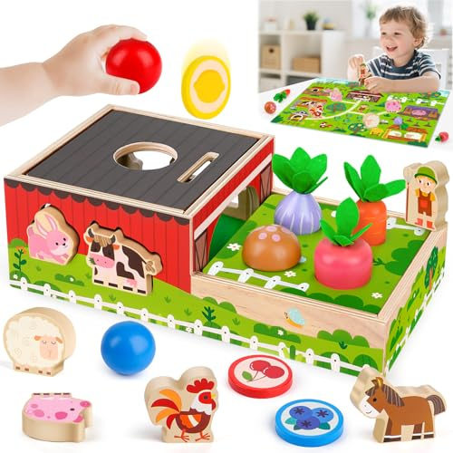 Celecstan Montessori Spielzeug ab 1 Jahr, Geschenk Junge Mädchen 1 2 3 Jahr | Baby Holzspielzeug Motorik Steckspiel für Kinder 1-3 jährige, Pädagogisches Farmspiel Wurfspiel Lernspiel 12-18 Monate