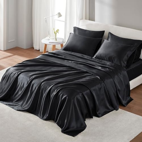 Madison Park Essentials - Set di lenzuola in raso, lussuose e setose, con lucentezza naturale, con tasca elastica da 35,6 cm per materassi fino a 40,6 cm, elastico tutto l'anno, biancheria da letto