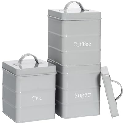 Harbour Housewares Metal Tea Coffee Sugar Canister Set - Grey - 3pc Vintage Retro Food Storage Preservation Canister Caddy Container Tin with Airtight Fit Lid for Kitchen Organisation & Home Décor