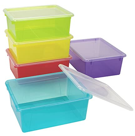 Storex Letter Size Deep Storage Tray – Organizer Bin with Non-Snap Lid for Classroom, Office and Home, Assorted Tints, 5-Pack (62550B05C)