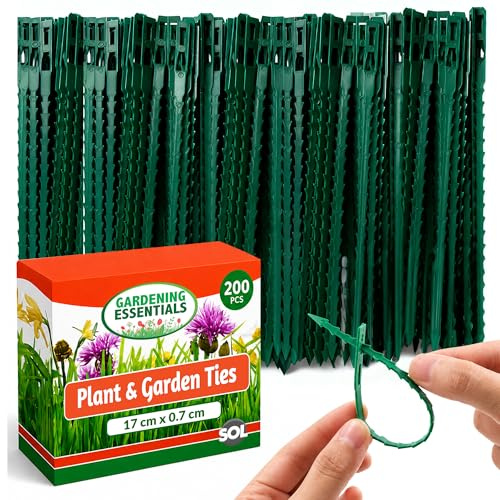 SOL 200pk Plant & Garden Ties for Climbing Plants, 17.5cm Plant Ties for Outdoor Plants, Multipurpose Durable Green Cable Ties, Flexible & Easy to Use for Vines, Securing & Organising Garden Space