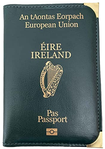 Irish Passport Holder | EU Passport Wallet | Irish Passport Cover | Premium Green PU Leather Cover | Gold Metal Protective Corners | Gold Text