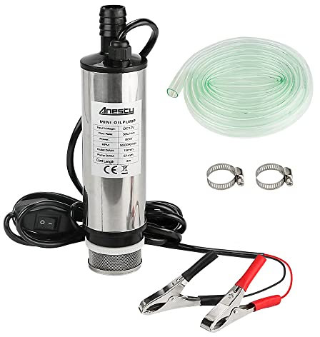 Anesty Water Pump 12V Φ51mm Diesel Fuel Transfer for Water Oil Liquid, Stainless Steel Submersible With Clip, Filter Removable | 3m Power Cord + Hose