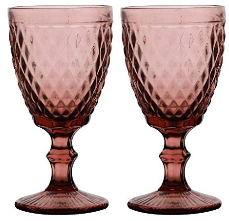Dibor Set of 2 Wine Glasses Red Diamond Embossed Dishwasher Safe 270ml