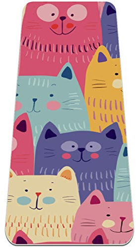 REJOON Yogamatte mit niedlichen Cartoon-Katzen, Bunte lustige Kätzchen, Dicke, rutschfeste Yogamatten for Frauen und Mädchen, Übungsmatte, weiche Pilates-Matten