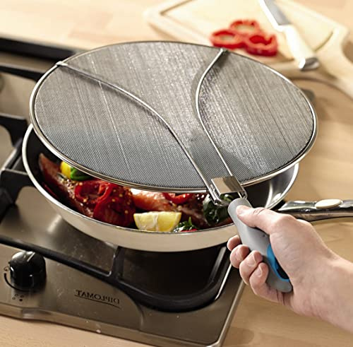 Splatter Screen – 29cm Stainless Steel Odour Absorbent Frying Pan Splatter Guard Lid Cover with Carbon Filter & Folding Handle - Kitchen Cooking Accessory, Keeps Hobs & Pans Clean & Prevents Burns