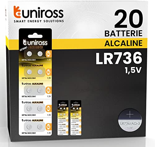Uniross Batterie AG3 LR736 LR41 1,5 V piles alcalines à bouton – 2 ampoules de 10 piles