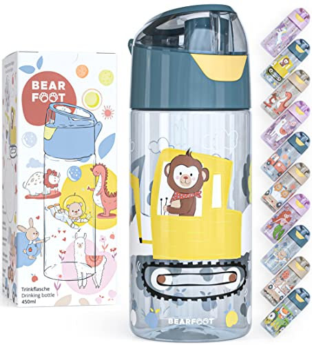 BEARFOOT Trinkflasche Kinder 450ml, leichte Tritan Wasserflasche, BPA frei, auslaufsicher, Kohlensäure geeignet, spülmaschinenfest für Jungen, Mädchen, Kindergarten - (Blau - BaggerAffe)