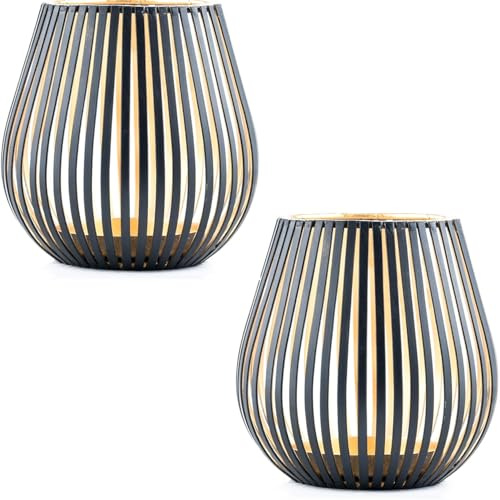 2er Set Windlicht Amunda Skandinavisches Design | handgefertigter Teelichthalter aus Metall Schwarz Gold | modernes Windlicht für Teelichter & Kerzen | Deko für Wohnzimmer, Balkon & Garten