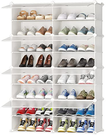 JOISCOPE Kunststoff Schuhschrank,DIY einfaches Schuhregal, schmal, mit Tür, Stahlrahmen, stabil, für Flure, Schlafzimmer, Eingangsbereiche，Weiß mit Transparenter Tür, 2 * 8