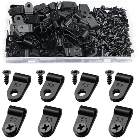 VooGenzek 100 PCS 3/16 Inch R-Type Cable Clip Wire Clamp, Nylon Screw Mounting Cord Fastener Clips with 100 PCS Screws, for Wire Management (Black)