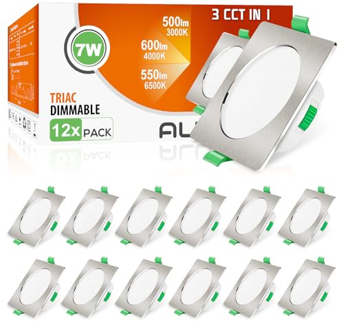 ALUSSO 3CCT 7W 600LM Faretti LED da Incasso per Cartongesso Dimmerabili | 3000K/4000K/6500K Faretti LED Soffitto Foro Ø67-75mm, IP44 Faretto Incasso per Cucina, Quadrato Nichel Spazzolato, Set di 12