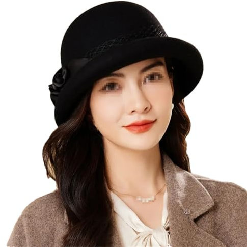 SaoBiiu Wintermütze für Damen, Blume, warme Wolle, Fedora, Wintermütze, Damenhut, Kirchenhut, Cloche-Hut, Femme Filz, Fedoras, Schwarz , 57cm head 55-58cm