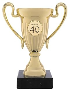 andSmile Pokal mit Gravur endlich 40 - Trophäe aus hochglänzendem Gold mit Marmorsockel - Pokale zum 40. Geburtstag & Jubiläum - Geschenke zum 40. Geburstag - Geburtstagsgeschenk 40 Jahre