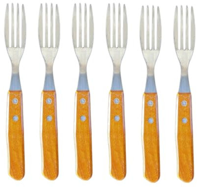 Lot de 6 fourchettes à steak avec manche en bois. Faciles à utiliser et à saisir. Quatre dents, spéciales pour la viande. Faciles à laver. Fabriquées en Espagne.