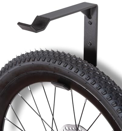RoakyRoasy Vertical Bike Wheel Hanger, Black Steel, Holds 2 Wheels, Soft Pad Protection, Wall Mount, 26 H x 3.4 W | Hangs a Spare Front and Rear Set, 4mm Powder-Coated Steel, Soft-Padded Offset Hooks, 2-Screw Stud Mount, Not for Fat Tires