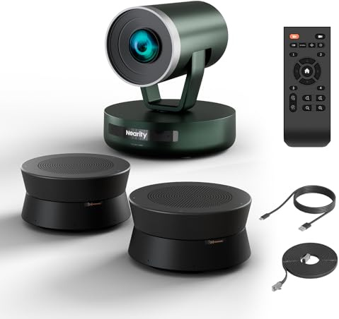 NEARITY Système de vidéoconférence, 2 microphones de conférence A20S, POE Daisy Chain, haut-parleur de conférence USB avec microphone pour une couverture jusqu'à 60 m², webcam PTZ 2K avec zoom optique