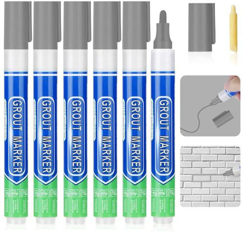 Flintronic Grout Pen - 6PCS Light Grey Tile Paint Marker, Wall Repair Pens, Grout Reviver and Sealer Pens for Bathrooms, Kitchen Floor and Wall Lines