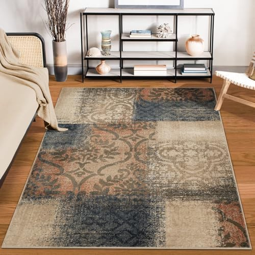 Superior Indoor Area Rug, Jute Backing, Plush Geometric Rugs for Living Room, Kitchen Floors, Bedroom, Office Floor Cover, Floral Patchwork Rugs, Bristol Collection, 5' x 8', Midnight Navy/Salmon