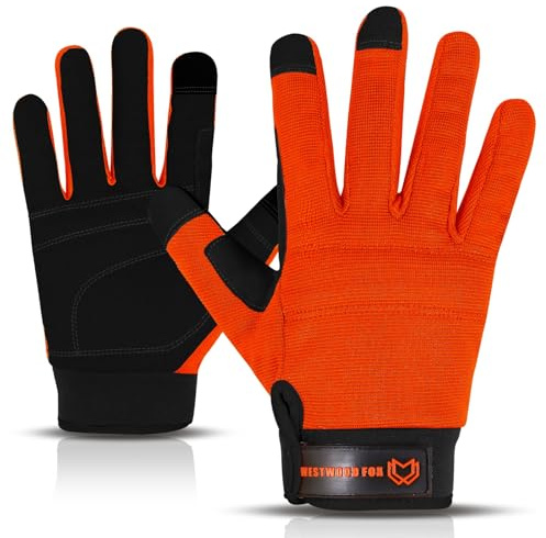 WESTWOOD FOX Guantes de trabajo de seguridad Guantes de jardinería resistentes para hombres a prueba de enchufe acolchado protección de palma pantalla táctil transpirable constructor (Orange, S)