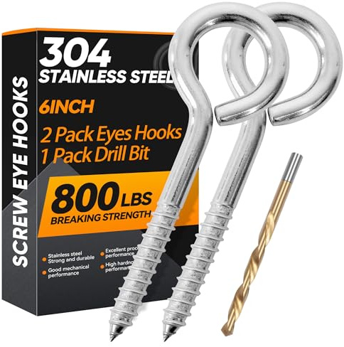 2Pcs 6 Inch Heavy Duty Screw Eyes Hooks, 304 Stainless Steel Self Tapping Eyelet Screw Eye Bolts,800LBS Breaking Strength, Screw in Eye Hooks for Wood Securing Cables Wire. (2, M10-6 Inch)