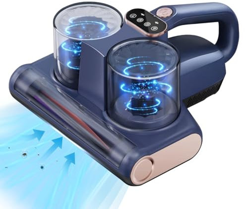 Battimaterasso con Luce UV-C, Rimuove il 99,9% degli Allergeni ed Acari, Turbo Spazzola Elettrica, Doppio Raccoglipolveri, Indicatore LED Intelligente, Deumidificazione 65 ℃, Leggero e Pratico