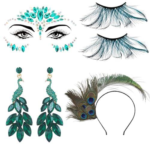 Pfau Kostüm Damen Accessoires, zum Karneval Halloween Mottoparty | Pfau Haarband für Damen mit Pfauenfedern Wimpern, Pfauenfedern Ohrringe und Glitzersteine Gesicht, pfauenfedern Haarschmuck