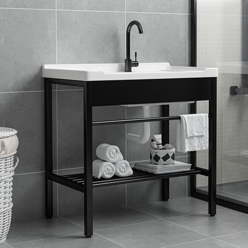 Lavandino per Lavanderia Indipendente,Lavandino Per Biancheria Indipendente In Ceramica Con Asse Per Il Lavato,Lavello Con Piedistallo Supporto In Acciaio Inossidabile,80cm/31.5''