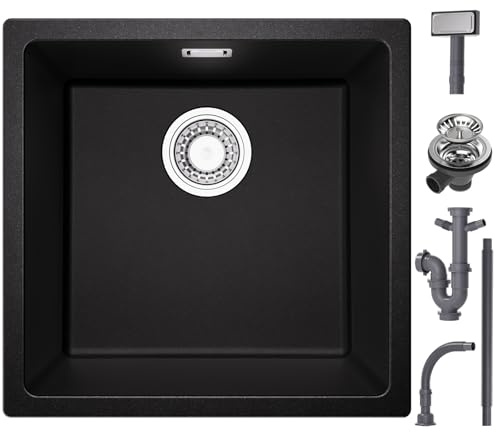 CECIPA Lavello da cucina in granito, nero, 45x44x20 cm, lavello da incasso rettangolare, senza foro per rubinetto, 1 vasca, lavello da cucina moderno, lavabo per cucina
